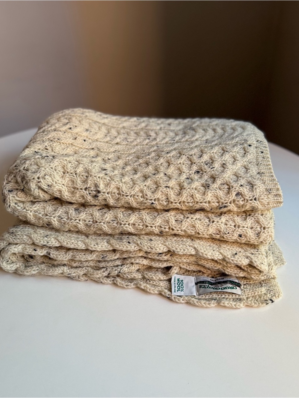 Aran Crafts Throw blanket 55"x65" Made in Ireland 100% Wool Heathered Cream Knit